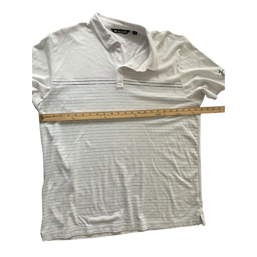 Travis Mathew Polo Collared Shirt White Blue Striped Mens 2XL Short Sleeve Golf